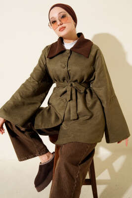 Kadife Yaka Süet Kuşaklı Ceket Haki - HEWES