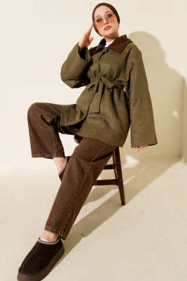 Kadife Yaka Süet Kuşaklı Ceket Haki - Ceket