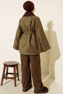 Kadife Yaka Süet Kuşaklı Ceket Haki - Ceket