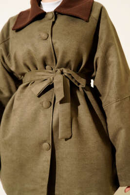 Kadife Yaka Süet Kuşaklı Ceket Haki - Ceket