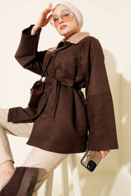 Kadife Yaka Süet Kuşaklı Ceket Kahve - HEWES