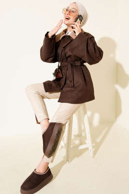 Kadife Yaka Süet Kuşaklı Ceket Kahve - Ceket