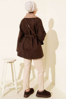 Kadife Yaka Süet Kuşaklı Ceket Kahve - Ceket