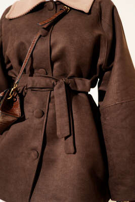 Kadife Yaka Süet Kuşaklı Ceket Kahve - Ceket