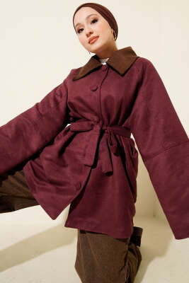 Kadife Yaka Süet Kuşaklı Ceket Mürdüm - HEWES