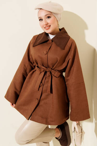 Kadife Yaka Süet Kuşaklı Ceket Taba - Ceket