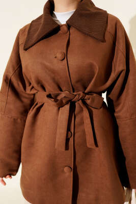 Kadife Yaka Süet Kuşaklı Ceket Taba - Ceket