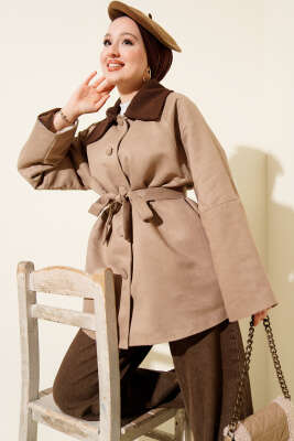 Kadife Yaka Süet Kuşaklı Ceket Vizon - HEWES