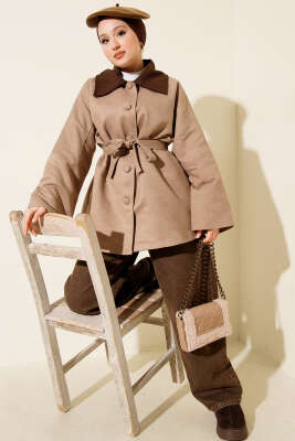 Kadife Yaka Süet Kuşaklı Ceket Vizon - Ceket