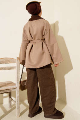 Kadife Yaka Süet Kuşaklı Ceket Vizon - Ceket