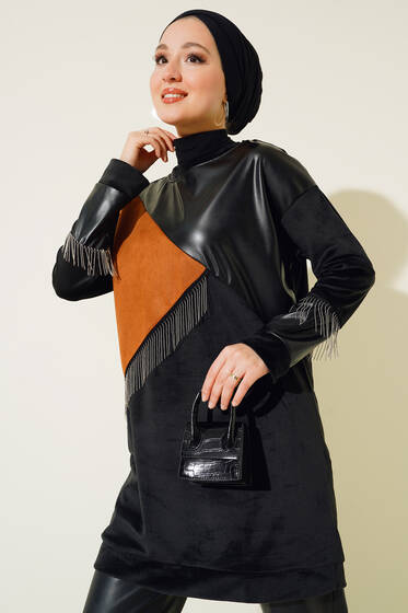 Kadife Zincir Detaylı Tunik Siyah - Tunik