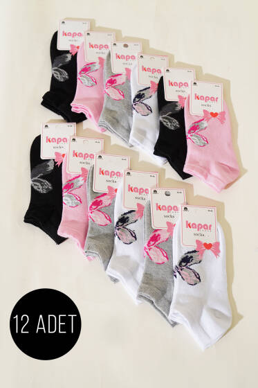 Kadın 12'li Fiyonk Baskılı Patik Çorap Asorti 1 - Babet / Patik Çorap