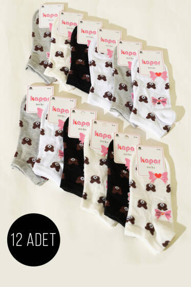 Kadın 12'li Fiyonk Baskılı Patik Çorap Asorti 5 - Babet / Patik Çorap