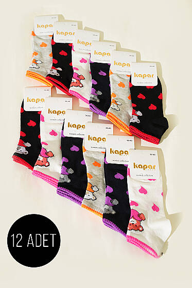 Kadın 12'li Renkli Desenli Patik Çorap Asorti 4 - Babet / Patik Çorap