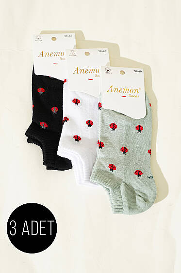 Kadın 3'lü Desenli Penye Patik Çorap Asorti 10 - Babet / Patik Çorap