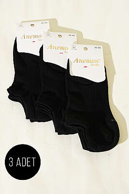 Kadın 3'lü Desenli Penye Patik Çorap Asorti Siyah 