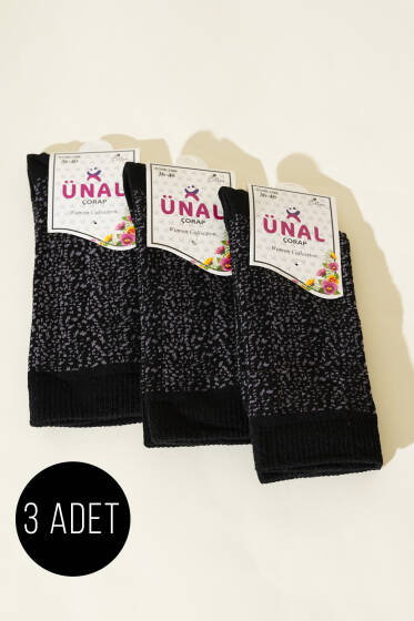 Kadın 3'lü Desenli Soket Çorap Siyah - Soket Çorap