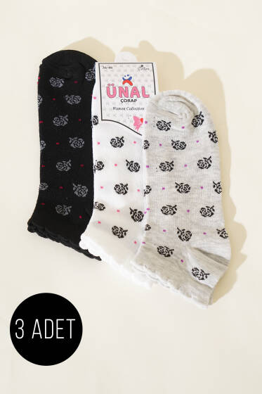 Kadın 3'lü Karışık Desen Patik Çorap Asorti 3 - Babet / Patik Çorap