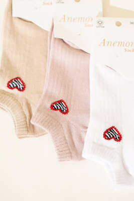 Kadın 3'lü Mini Taş Detaylı Patik Çorap Asorti 1 - Babet / Patik Çorap