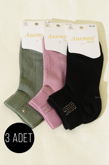 Kadın 3'lü Mini Taş Detaylı Patik Çorap Asorti 12 - Günün Seçilenleri