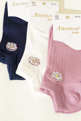 Kadın 3'lü Mini Taş Detaylı Patik Çorap Asorti 13 - Babet / Patik Çorap