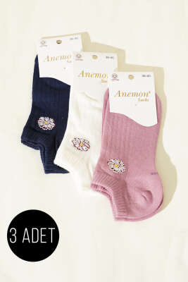 Kadın 3'lü Mini Taş Detaylı Patik Çorap Asorti 13 