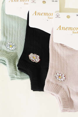 Kadın 3'lü Mini Taş Detaylı Patik Çorap Asorti 14 - Babet / Patik Çorap