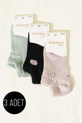 Kadın 3'lü Mini Taş Detaylı Patik Çorap Asorti 14 