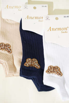 Kadın 3'lü Mini Taş Detaylı Patik Çorap Asorti 15 - Babet / Patik Çorap