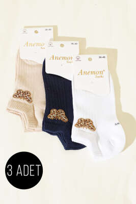 Kadın 3'lü Mini Taş Detaylı Patik Çorap Asorti 15 