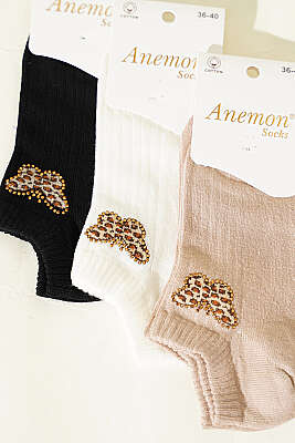 Kadın 3'lü Mini Taş Detaylı Patik Çorap Asorti 16 - Babet / Patik Çorap