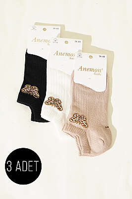 Kadın 3'lü Mini Taş Detaylı Patik Çorap Asorti 16 