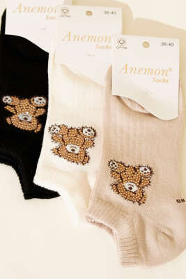 Kadın 3'lü Mini Taş Detaylı Patik Çorap Asorti 3 - Babet / Patik Çorap