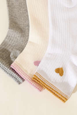 Kadın 3'lü Nakış Detaylı Kısa Konç Çorap Asorti 1 - Soket Çorap