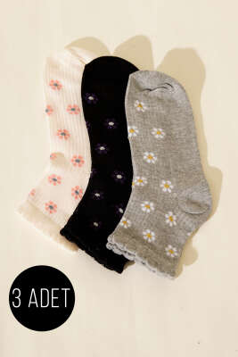Kadın 3'lü Nakış Detaylı Kısa Konç Çorap Asorti 10 - BE MARCO