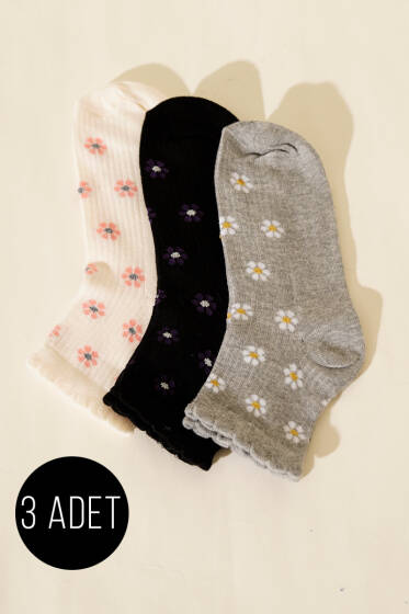 Kadın 3'lü Nakış Detaylı Kısa Konç Çorap Asorti 10 - Soket Çorap