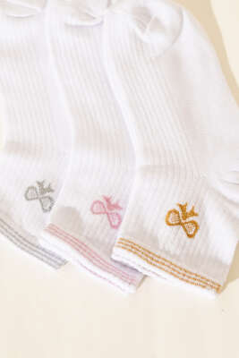 Kadın 3'lü Nakış Detaylı Kısa Konç Çorap Asorti 11 - Soket Çorap