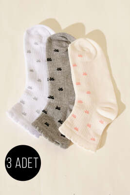 Kadın 3'lü Nakış Detaylı Kısa Konç Çorap Asorti 4 - BE MARCO