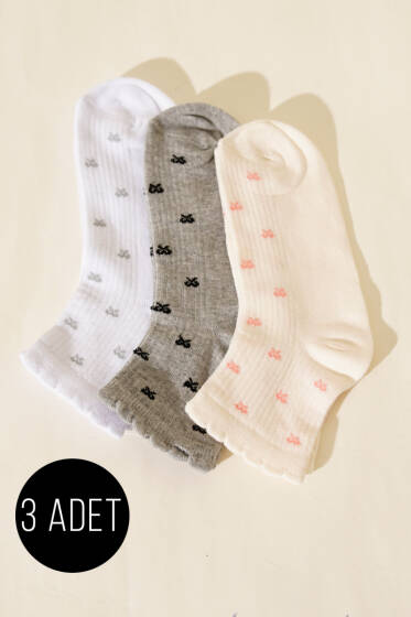Kadın 3'lü Nakış Detaylı Kısa Konç Çorap Asorti 4 - Soket Çorap