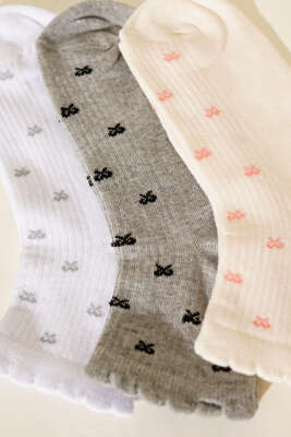 Kadın 3'lü Nakış Detaylı Kısa Konç Çorap Asorti 4 - Soket Çorap