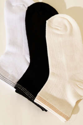 Kadın 3'lü Nakış Detaylı Kısa Konç Çorap Asorti 5 - Soket Çorap