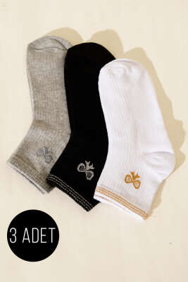 Kadın 3'lü Nakış Detaylı Kısa Konç Çorap Asorti 8 - BE MARCO