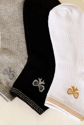 Kadın 3'lü Nakış Detaylı Kısa Konç Çorap Asorti 8 - Soket Çorap