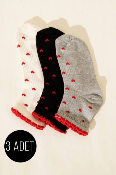 Kadın 3'lü Nakış Detaylı Kısa Konç Çorap Asorti 9 - Soket Çorap