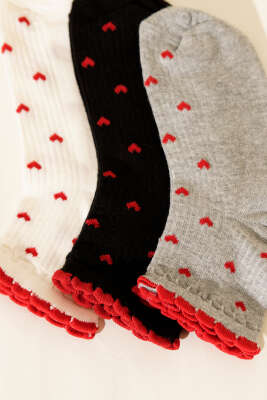 Kadın 3'lü Nakış Detaylı Kısa Konç Çorap Asorti 9 - Soket Çorap