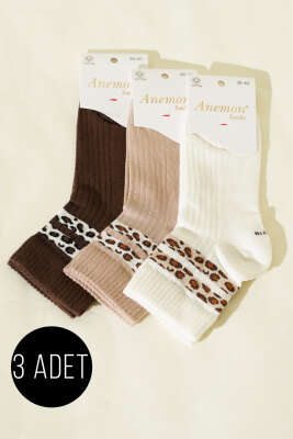 Kadın 3'lü Şerit Desen Kısa Konç Çorap Asorti 1 - ANEMON
