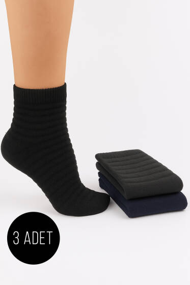 Kadın 3'lü Şeritli Havlu Patik Çorap Asorti 1 - Babet / Patik Çorap
