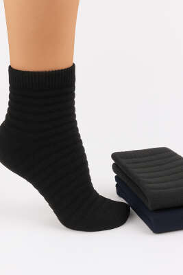 Kadın 3'lü Şeritli Havlu Patik Çorap Asorti 1 - Babet / Patik Çorap