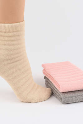Kadın 3'lü Şeritli Havlu Patik Çorap Asorti 2 - Babet / Patik Çorap