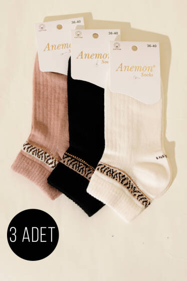 Kadın 3'lü Taş Detaylı Kısa Konç Çorap Asorti 1 - Soket Çorap